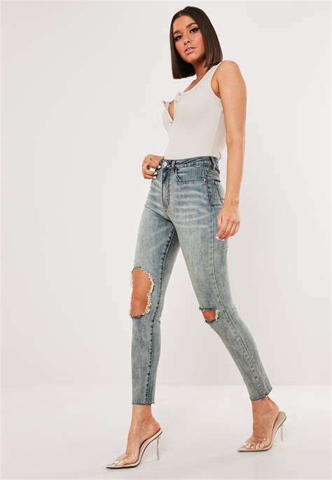 Missguided Blue High Waisted Ripped Skinny Denim Jeans Lyst