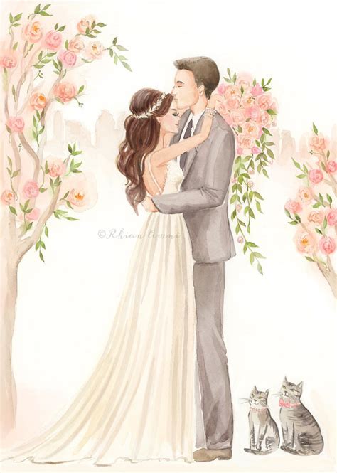 Custom Couple Portrait Illustration Wedding Bride Groom Engagement