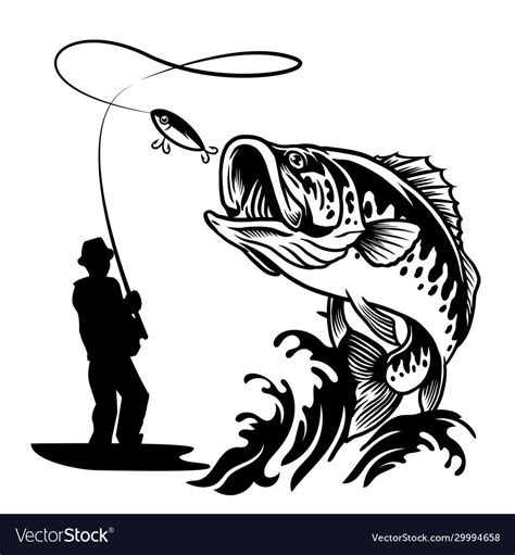 Fisherman Catching Big Bass Fish In Black Vector Image On Vectorstock