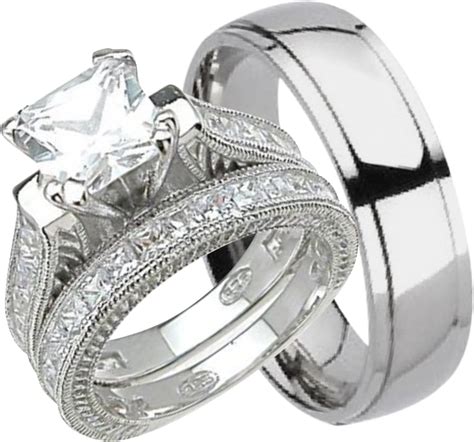 Amazon Com His And Hers Wedding Ring Set Matching Trio Wedding Bands