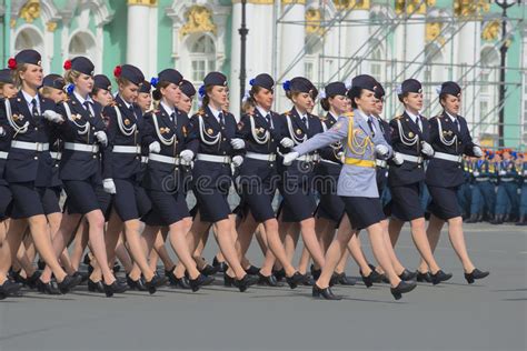 Girl Cadets Of The Police Academy At The Rehearsal Of The Victory
