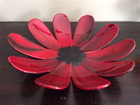 Fused Red Flower Bowl Rounded Pedals Fused Glass Flowers Fused Glass Plates Bowls Fused