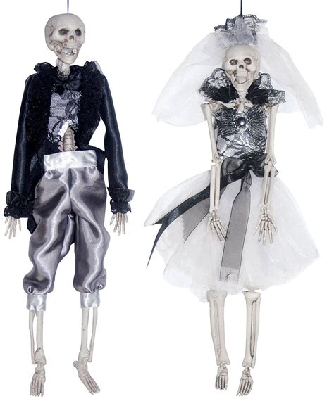 Hanging Skeleton Bride And Groom Couple Silver And Black Halloween Decoration Set Of 2 Black