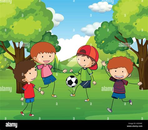 Boys Playing Football In The Park Illustration Stock Vector Image And Art