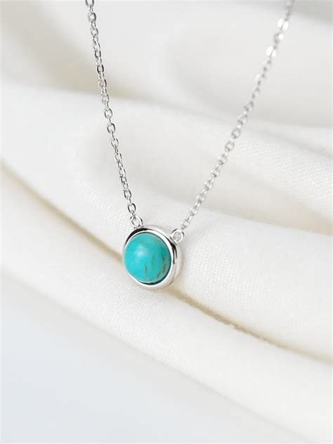 925 Sterling Silver Minimalist Round Turquoise Pendant Necklace