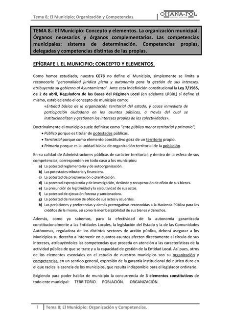 Tema 4 Específico El Municipio Tema 8 El Municipio Concepto Y