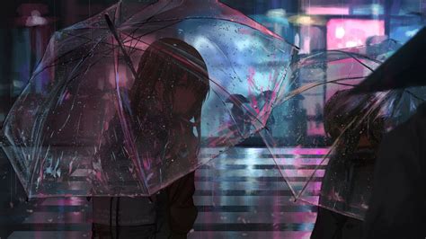 Download Wallpaper 2048x1152 Girl Umbrella Anime Rain Street Night