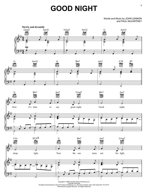 Good Night Sheet Music The Beatles Piano Vocal And Guitar Chords