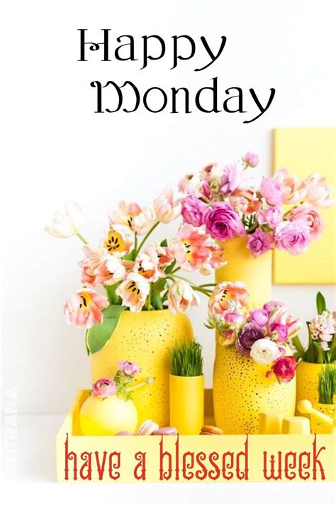 There Is A Happy Monday Card With Flowers In Vases And Lemons On The Table