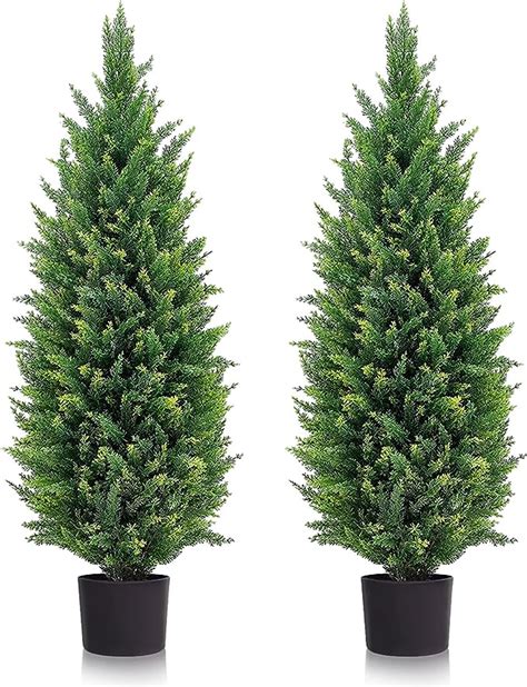 Two 35ft Artificial Cedar Topiary Trees Uv Rated Potted Plants