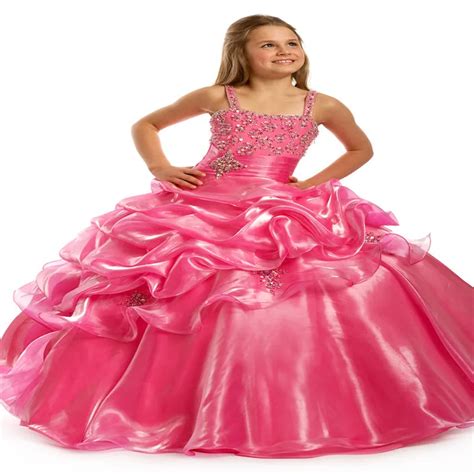 Hot Pink Straps Long Little Girls Pageant Dresses Beading Ball Gowns
