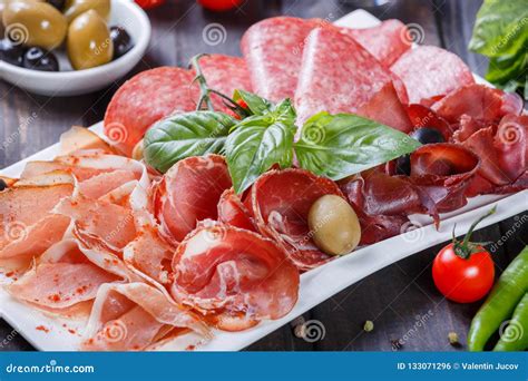 Antipasto Platter Cold Meat Plate With Prosciutto Slices Ham Salami