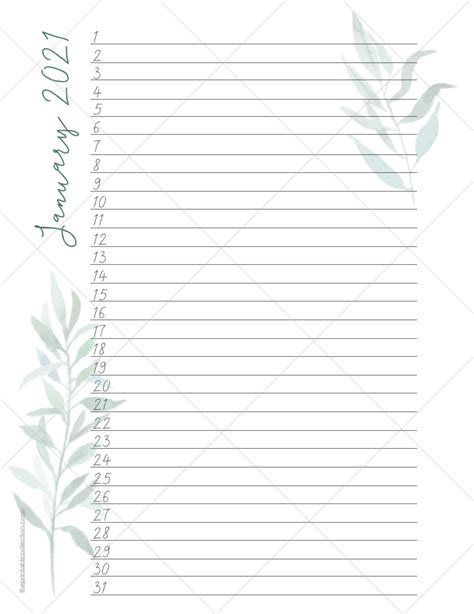 2021 Printable Lined Monthly Calendar With Watercolor Foliage