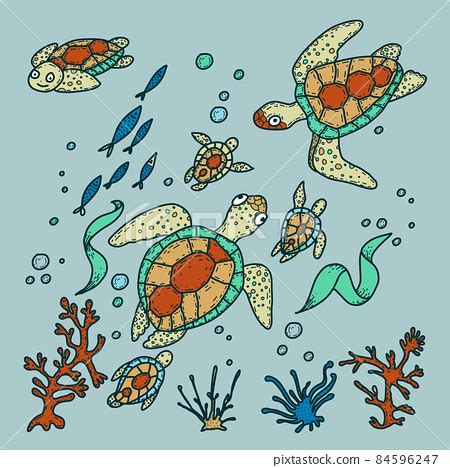 Sea Turtles Hand Drawn Doodle Illustration Stock Illustration