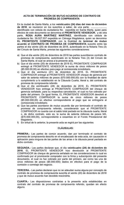 Terminación De Mutuo Acuerdo Acta De TerminaciÓn De Mutuo Acuerdo De