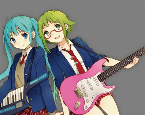 2girls Blue Eyes Exit Tunes Glasses Green Eyes Green Hair Guitar Gumi