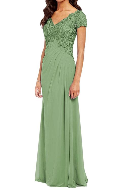 Pomuyoo Womens V Neck Lace Appliques Mother Of The Bride Dress Beaded Chiffon Evening Gown With