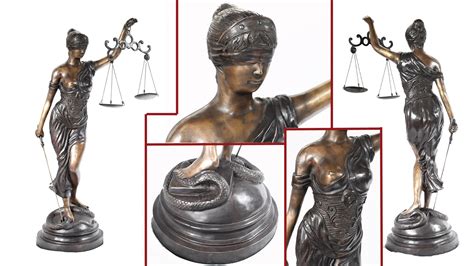 Xl French Bronze Statue Lady Justice Scales Figurine Snake