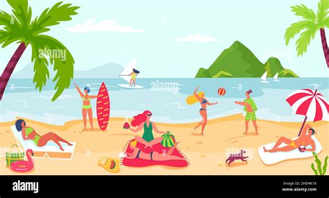 People Relaxing At Beach Summer Sea Holiday Vector Sea Beach Holiday