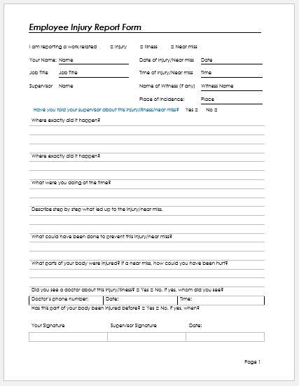 Employee Injury Report Form Template Word And Excel Templates