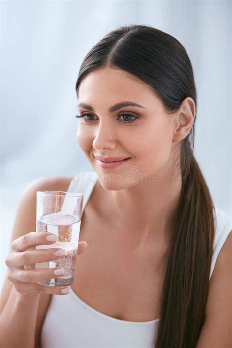 Happy Woman Drinking Water Beautiful Female With Glass Of Water Stock