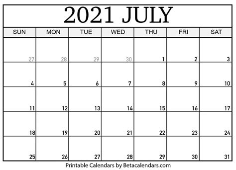 Free Printable July 2021 Calendar