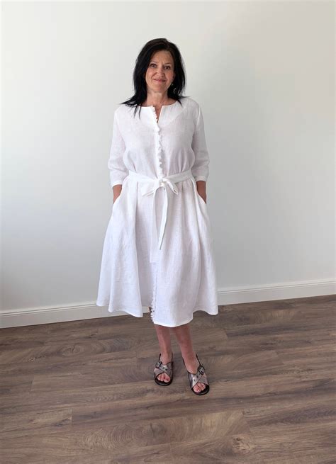 Extra Loose White Linen Dress With Pockets And Belt Linen Etsy