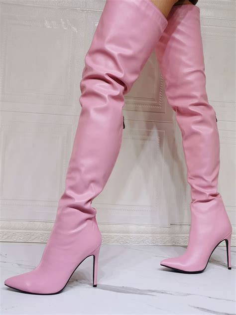 women over the knee boots plus size stiletto heel pu leather pink thigh high boots