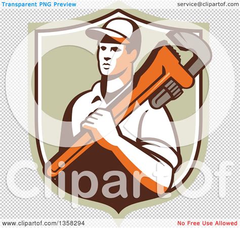 Clipart Of A Retro Male Plumber Holding A Giant Monkey Wrench Over His