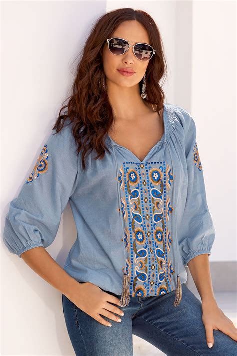 Carefree Boho Style Embroidered Peasant Blouse Peasant Blouse
