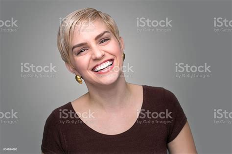 Adorable Laughing Head Shot Short Pixie Haircut Modern Gray Background