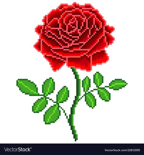 Pixel Red Rose Flower Detailed Isolated Royalty Free Vector