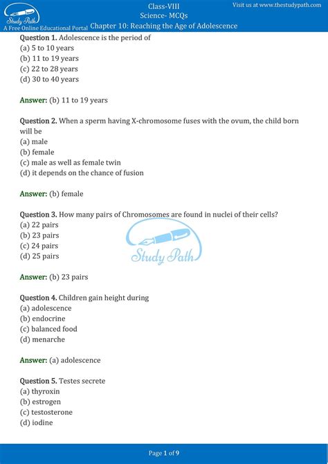 Class 8 Science Chapter 10 Reaching The Age Of Adolescence Mcq With Answers