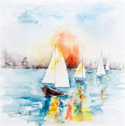 Popular Items For Sunset Paintings On Etsy Watercolor Boat Ship