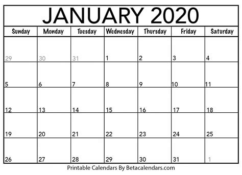 January 2020 Calendar Image Calendar Template Printable