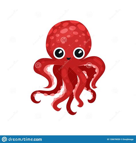 Cute Red Octopus With Big Shiny Eyes Soft Bodied Mollusk With Seven