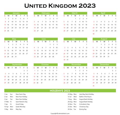 Uk Calendar 2023 With Holidays Free Download In Pdf
