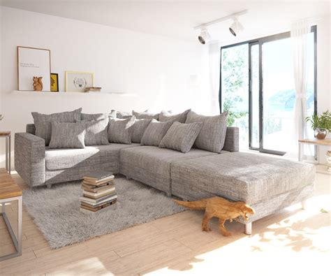 Das sofa kann durch eine oder mehrere récamieren erweitert werden. DELIFE Ecksofa Clovis Hellgrau Strukturstoff Hocker ...