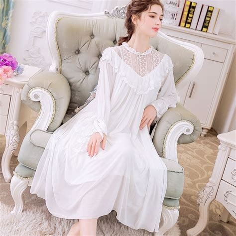 Autumn White Modal Nightgown Vintage Sleepwear Long Sexy Nightgown