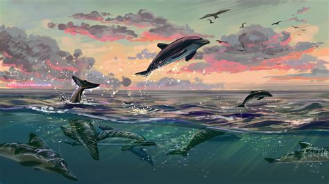 Wallpaper Dolphins Jump Water Art Sea Hd Widescreen High