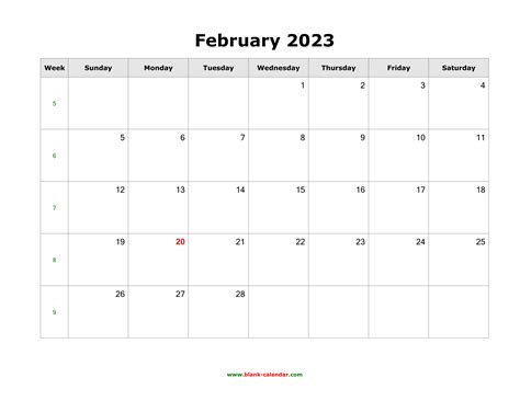 Download February 2023 Blank Calendar Horizontal