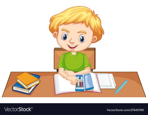 One Happy Boy Doing Homework On Desk Royalty Free Vector