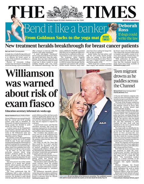 times front page 20th of august 2020 tomorrow s papers today