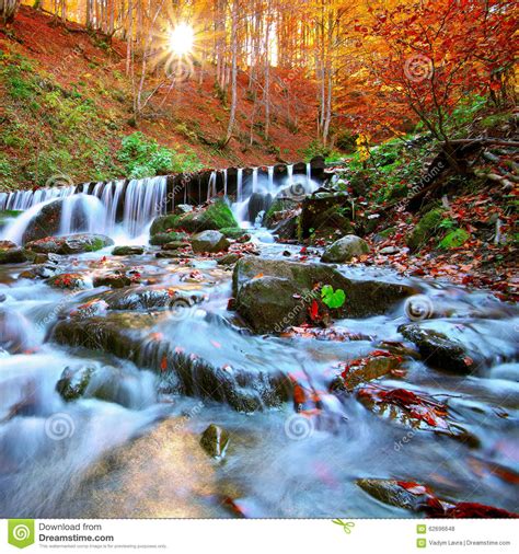 Beautiful Waterfall In Forest At Sunset Stock Photo Image 62696648