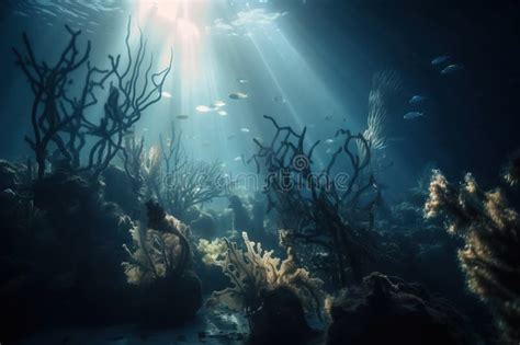 An Underwater View Of A Coral Reef With Sunlight Streaming Through The
