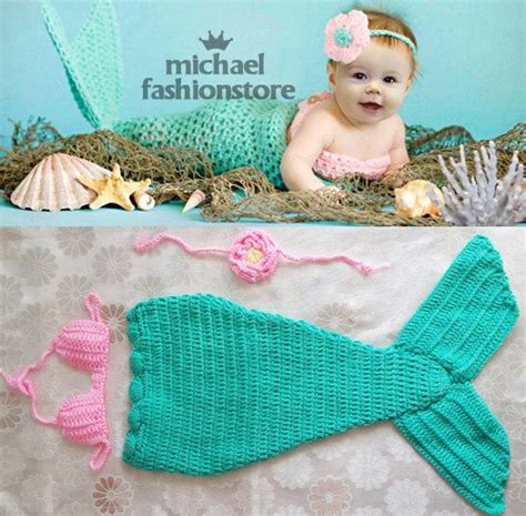 Green Mermaid Baby Crochet Costume Pink Bikini Top Headband Newborn