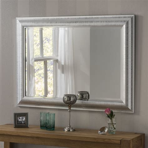 Yg226 Silver Modern Rectangle Wall Mirror With Pinstripe Design On The Frames Overmantle Living