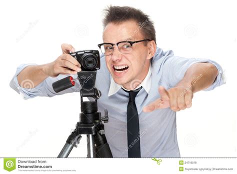 Angry Photographer With Camera On White Stock Photo - Image: 24716018
