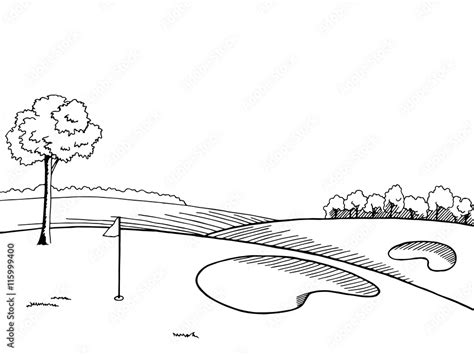 Golf Course Graphic Art Black White Landscape Sketch Illustration