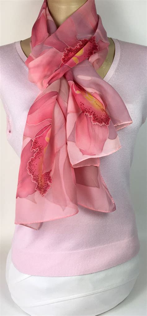 Beautiful Silk Scarf Hand Painted Pink Orchids With Burgundy Etsy